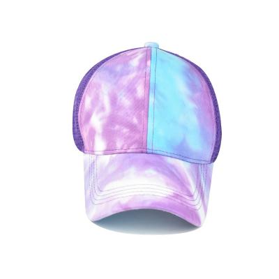 China Fashion COMMON Tie Dye Cotton Sun Visor Hat Cotton Ponytail Baseball Cap With Mesh For Women for sale