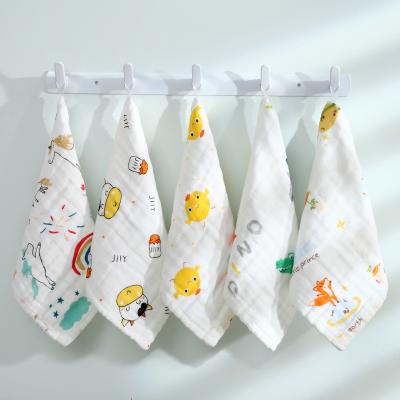 China Child Safe Cotton Crepe Baby Face Towel Printed Cartoon Muslin Cotton Baby Teething Saliva Absorbent Towel for sale