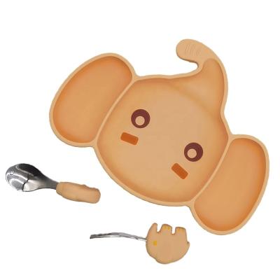 China BPA Free Yellow Cute Elephant Shape Non-Toxic Silicone Suction Dish Spoon Fork Baby Feeding Set For Kids for sale