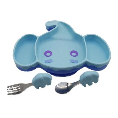 China Cute Elephant Fork Free Baby Spoon Dish BPA Suction Feeding Set Form Odorless Silicone Kids Dining Tableware Set Blue Wholesale for sale