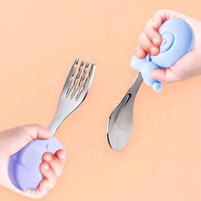 China Food Grade BPA Free Silicone Non-Toxic Easy To Disassemble And Best Selling Clean Stainless Steel Round Baby Feeding Silicone And Burr Free Fork Head Kid Fork And Spoon Set for sale