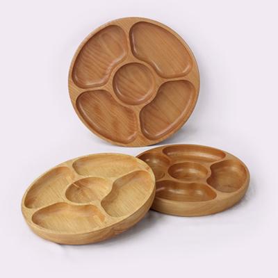 China Sustainable Customized Fruit Dessert Cake Snack Candy Tray 5 Compartments Wooden Multiple Serving Plate Bamboo Squares And Round Serving Tray for sale