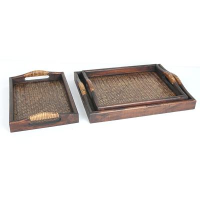 China Wholesale Wooden Bamboo Rectangular Hotel Woven Tray Eco-friendly Retro Pallet Serving Tray Fruit Dish Tea Set for sale