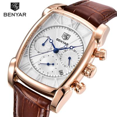 China BENYAR BY-5113M Genuine Leather Strap Chronograph Luxury Quartz Watches Rectangle Case Men Classic Fashion Sport Chronograph Benyar Watch for sale