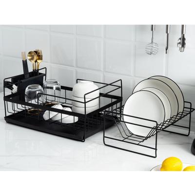 China Stocked Sink Organizer Dish Drain Rack Sink 2 Layer Metal Black Dish Rack Drain Over Sink for sale