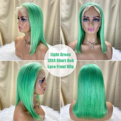 China Light Green Straight Bob Wig Brazilian Human Hair Wigs 180 Density Straight Transparent 13X4 Lace Frontal Wigs for sale