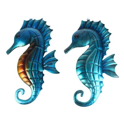 China Europe Metal Seahorse Wall Decor Art Outdoor Hanging Beach Theme Decorations Sea Life Blue Sculpture for Patio or Fence for sale