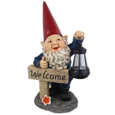 China Europe Welcome Gnome With Lantern Outdoor Statue With Solar LED Light For Home Yard Garden Patio Deck Entrance for sale