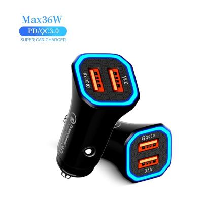 China New Car Player 2022 Dual Ports 36W QC3.0 Charger 2 USB Car Charger MP3/MP4 Car Charger For iPhone for sale