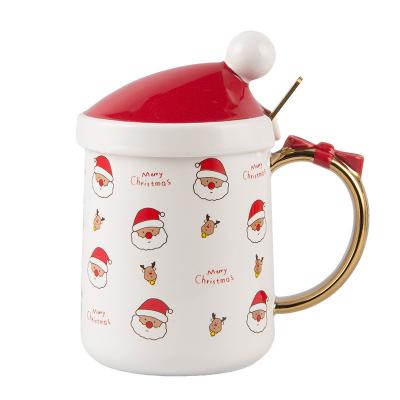 China Creative Viable Christmas Hat With Tree Ceramic Net Red Cartoon Christmas Cover Spoon Mug Cup Students Boys And Girls Drinking for sale