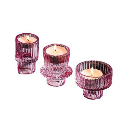 China Rose Home Amber Double Function Candlestick Vertical Stripe Decoration Cup Household Candlestick Glass Ornaments for sale