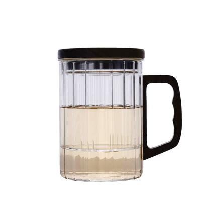 China Wholesale High Sustainable Borosilicate Glass Mugs With Cover And Handle Wooden Tea Cups for sale