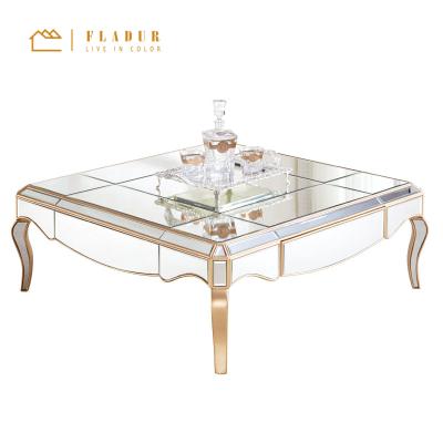 China Convertible modern luxury glittering crushed diamond mirroed metal coffee table glass top living room for sale