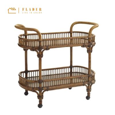 China Hotel Trolley Classic Vintage Antique Rattan Frame Wooden Trolley Bar Cart For Hotel Dining Room Restaurant for sale