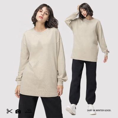 China Anti-wrinkle Long Drop Sleeve Plus Size Tees 240gsm Terry Cotton T-Shirts Blank Neck Ribbed Women T-shirts for sale