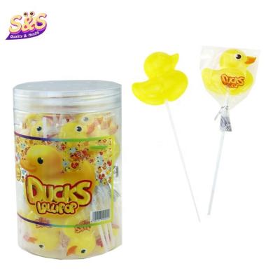 China Boxed And Bottled Natural Halal Duck Animal Shape Sweet Fruity Lollipop Yellow Hard Candy For Kids for sale