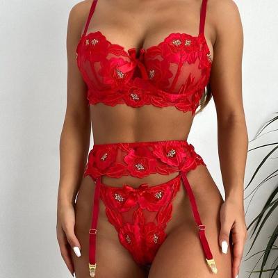 China Sexy QUICK DRY Diaper See Through Red Embroidered Lingerie Summer Nightwear Sexy Lace Women Lace Up Underwear Set Women for sale