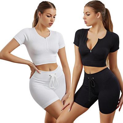 China OEM 2023 New 2 Piece Breathable Seamless Butt Yoga Lift Shorts Pants And T-shirt Set Summer Suit Shorts Sets Yoga Set For Women for sale