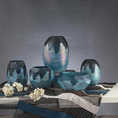 China Contemporary Wholesale Colored Glass Hand-Blown Etching Blue INS Europe Vases For Home Or Office Decoration for sale