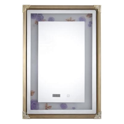 China 2020 New Bright Package Frame Bathroom Led Mirror Smart Touch With Time Temperature Function for sale