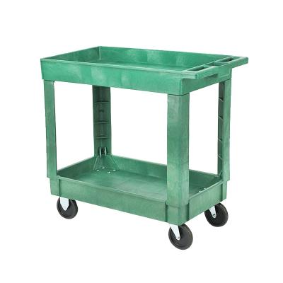 China Industrial Small Tray Plastic Service Carts 2 Shelves Top Plastic Storage Cart With 550 Pounds Load Capacity And Handles for sale