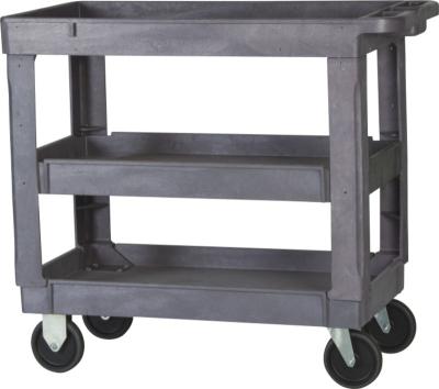 China Industrial Small Tray Top Plastic Serving Carts 3 Shelves Storage Cart With 550 Pounds Load Capacity And Handles for sale