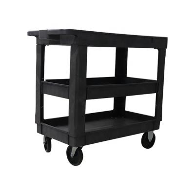 China Small Flat Surface Plastic Utility Carts 3 Shelves Industrial Storage Cart With 500 Pounds Load Capacity And Handles for sale