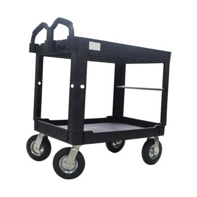 China Industrial Utility Cart with New Large Tray Plastic Utility Carts 2 Shelves Top Plastic Storage Cart with 550 Pounds Load Capacity and Handles for sale