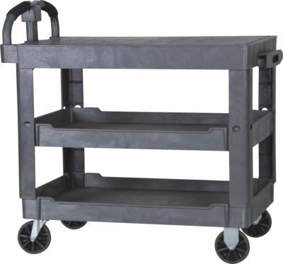 China New Large Flat Surface Plastic Utility Carts 3 Shelves Industrial Storage Cart with 550 Pounds Load Capacity and Handles for sale