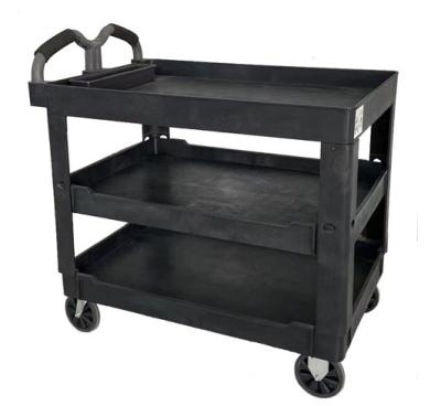 China Industrial Service Cart with New Large Tray Plastic Service Carts 3 Shelves Top Plastic Storage Cart with 550 Pounds Load Capacity and Handles for sale