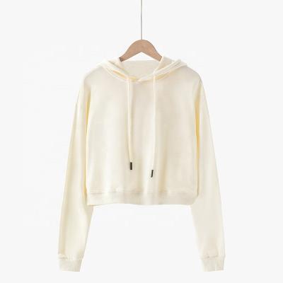 China Anti-Wrinkle LUXI French Terry Cotton Crop Tops Hooded 300gsm Drawstring Crop Tops Beige White Crop Tops Hoodie for sale