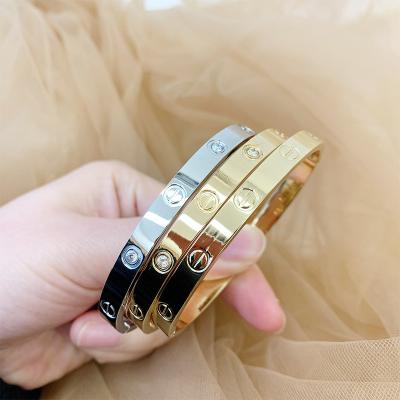 China Hot Sale 18K Rose Gold Bracelet Titanium Steel Non-fading Diamond-Set Fashion Opening Stainless Steel Cuff Adjustable Gold Plated Bracelet for sale