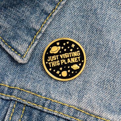 China Wholesale South Korean VISITING JUST THIS PLANET to Enamel Pin Badges Black Round Metal Brooches for Bag Shirt for sale