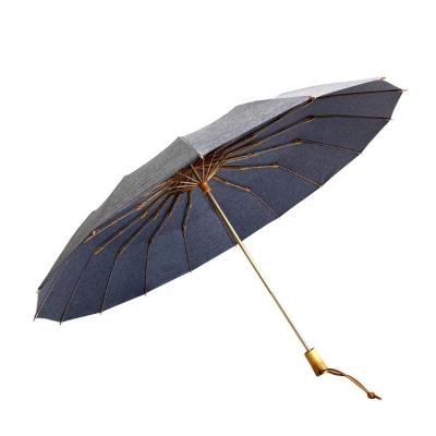 China All In 1 New Design Chiffon Fabric Wooden Handle Gold 16ribs 3 Fold Waterproof Manual Umbrella for sale