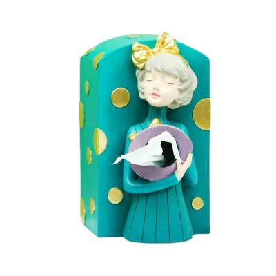 China SYLWAN Europe OEM Special Design Resin Girl Figurines Tissue Box Furniture Home Decoration Girl Favor Gift Tissue Holder for sale