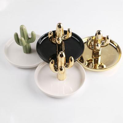 China Europe SYLWAN OEM Small Cactus 3D Shape Small Tray Ornaments Porcelain Dish Exquisite Custom Unique Ceramic Necklace Jewelry for sale