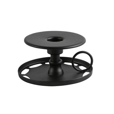 China OEM Home Nordic European Simple Vintage Large Decoration SYLWAN Candlestick Sold Black Color Wheel Shape Base Candle Holder Metal Lantern St for sale