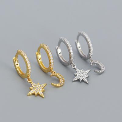 China TRENDY Women Huggies Pave Diamond 925 Silver Asymmetrical Star Moon Drop Circle Earring for sale