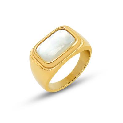 China 2022 CLASSIC High Quality Fashion Jewelry Rings Non Tarnish Stainless Steel Ring 18K Gold PVD Plated White Shell Rings Jewelry Women for sale