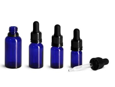 China Glass Bottles, Blue Glass Euro Dropper Bottles + Black Tamper Evident Bulb Droppers for sale