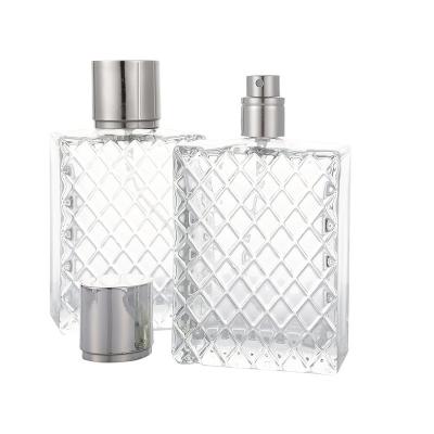 China 100ml clear glass spray bottle, square lattice flat bottle, spray bottle perfume bottle for sale