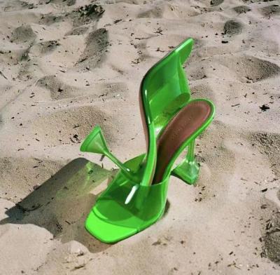 China CUSHIONING TX Summer Square Toe Green Crystal Slip On Outdoor Clear Ladies Beach Sandals Women Pumps High Heel Slippers Thin Heel for sale