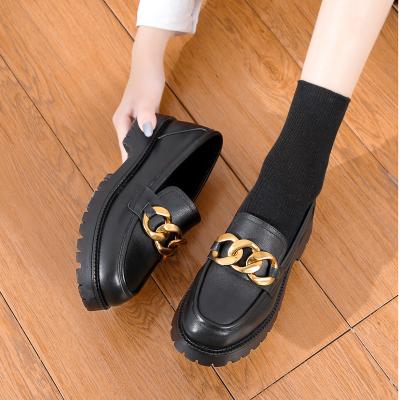 China Other TX New Arrival Ladies Thick Sole Slip On Retro Loafer Preppy Genuine Leather Chunky Fat Women's Cowhide Flat Elegant Shoes for sale