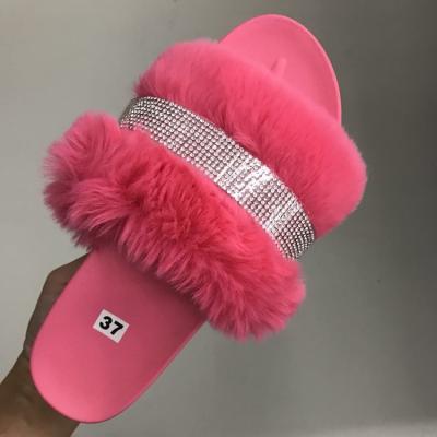 China CUSHIONING TX Wholesale Faux Stone Durable Fur Flat Sandals Sparkle Rainbow Slipper High Quality Shoes for sale