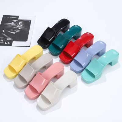 China SHOCK ABSORBING TX Women's Summer Slippers Thick-heeled Slip-resistant Candy Jelly Plastic Shoes Thick-soled Square Toe Flip Flops for sale