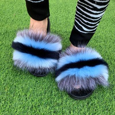 China SHOCK ABSORBING TX 2021 Hot Sale Fashionable High Quality Raccoon Mix Big Color Faux Fur Slippers Soft Slides EVA or PVC for sale