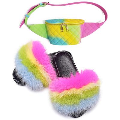 China CUSHIONING TX 2021 New Design Summer Fur Slippers Wholesale Handbags Set Furry Sandals Fur Shoe and Bag Set Fluffy for sale