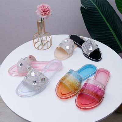 China TX 2021 wholesale price custom logo rhinestone glass CUSHIONING sparkling leisure beach home slipper for woman for sale