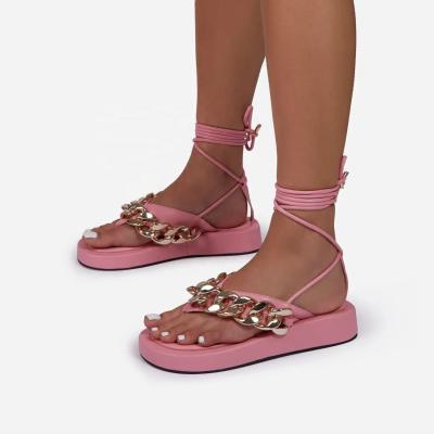 China SHOCK ABSORBING TX 2021 Back Summer Chain Solid Color Sandals Cross Strap Lace Up Custom Platform Flip Flops Wholesale for sale