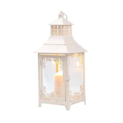 China Home Decoration Vintage Brushed White Candle Lantern For Wedding Events And Home Decoration Metal Hurricane Candle Holder for sale